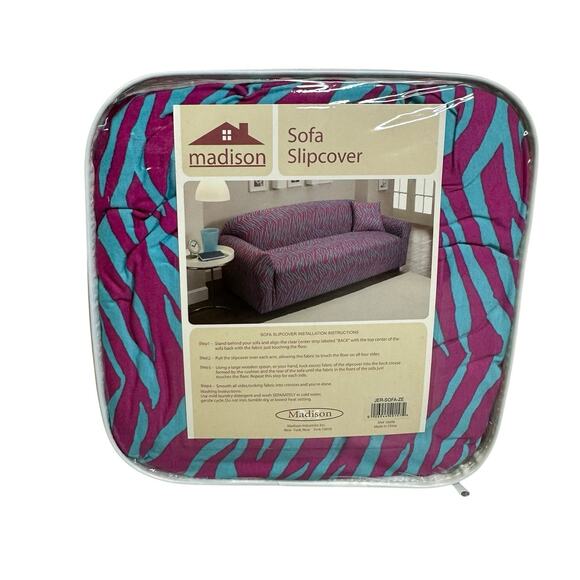 Madison Jersey Zebra Sofa Slipcover Pink and Blue fits 74 inch to 96 inch New - Picture 3 of 6